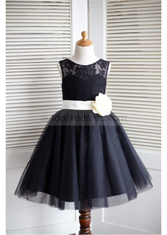 Black Lace Tulle Knee Length Flower Girl Dress